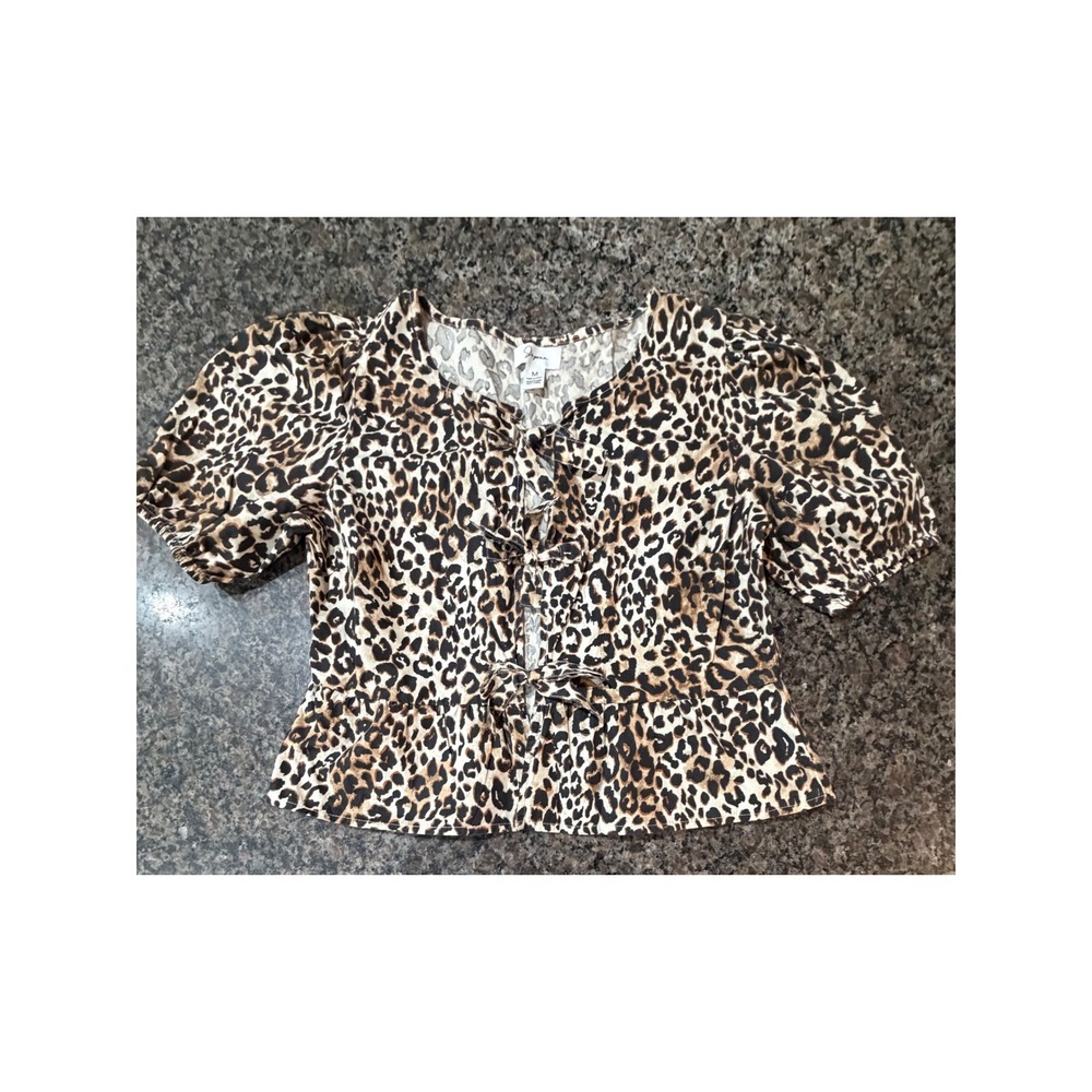Jopra Leopard Print Tie Front Peplum Top Short Puff Sleeve Cotton Blouse Brown M